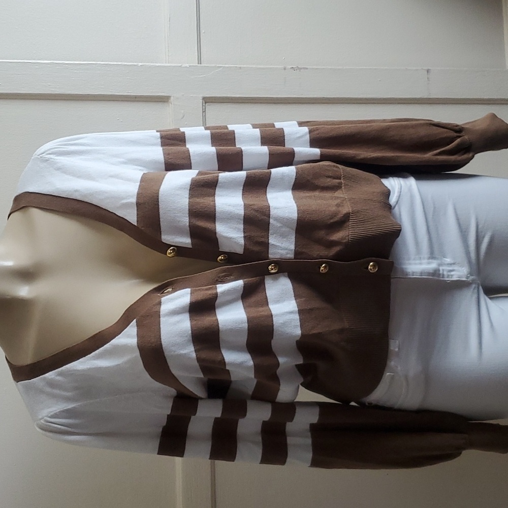 NWT Michael Kors Women's Cardigan Sweater, tan and white stripes Size L